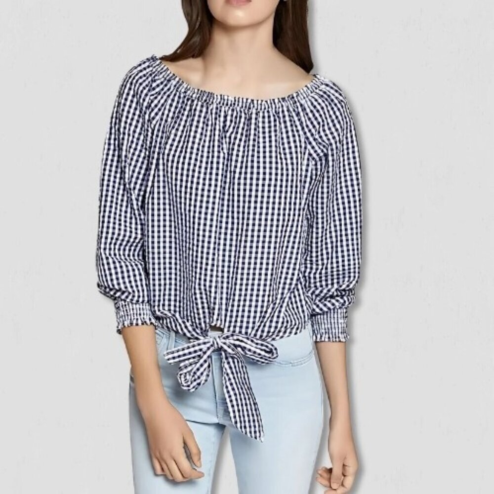 Sanctuary Claire Gingham Print Top White Navy Blue M